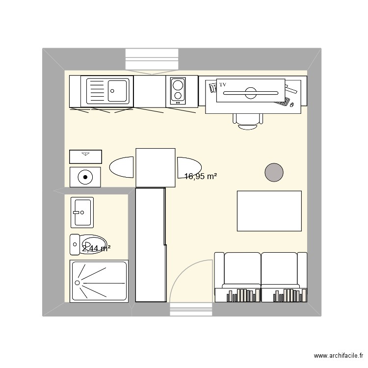 Chambrette 1. Plan de 2 pièces et 19 m2