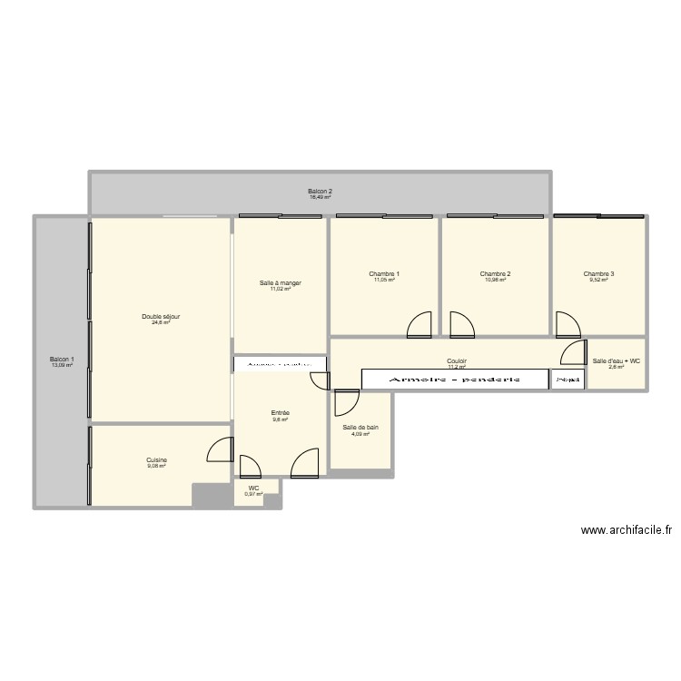 MIELLE. Plan de 16 pièces et 135 m2