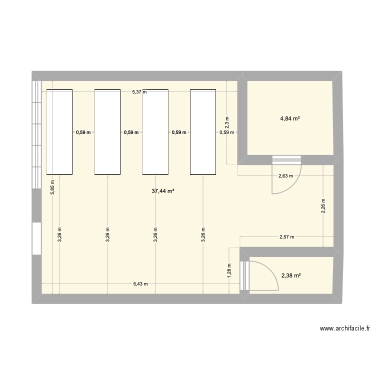 Maison Pilates. Plan de 3 pièces et 45 m2