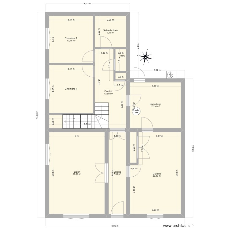 Plan maison à rénover 1. Plan de 11 pièces et 107 m2