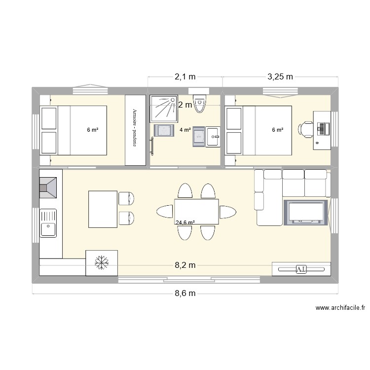 plan 1 en rectangle. Plan de 4 pièces et 41 m2