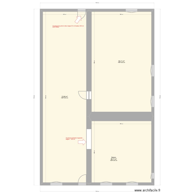 plan eva sans cloisons pour maçonnerie. Plan de 3 pièces et 168 m2