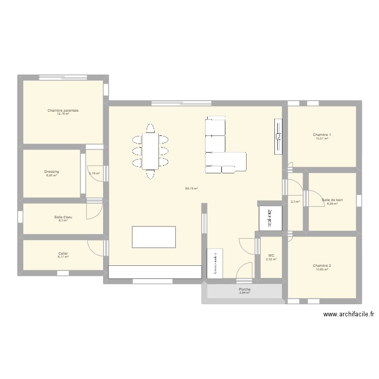 Maison Plain Pied. Plan de 12 pièces et 140 m2