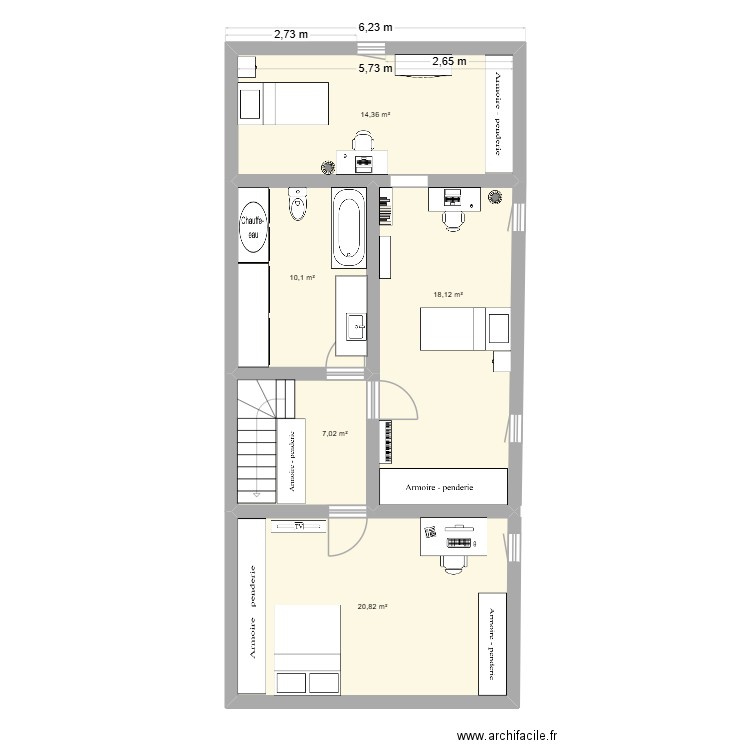 Etage rénovation. Plan de 5 pièces et 70 m2