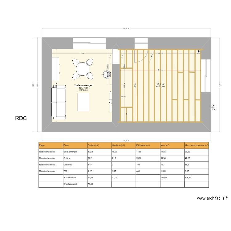 plancher. Plan de 2 pièces et 46 m2