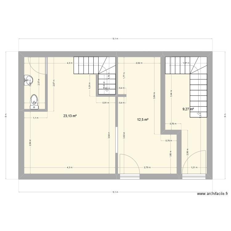 local commercial. Plan de 3 pièces et 45 m2