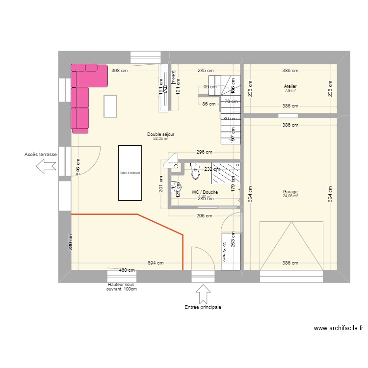 Plan du rez avec amménagement 29.04.2024. Plan de 5 pièces et 89 m2