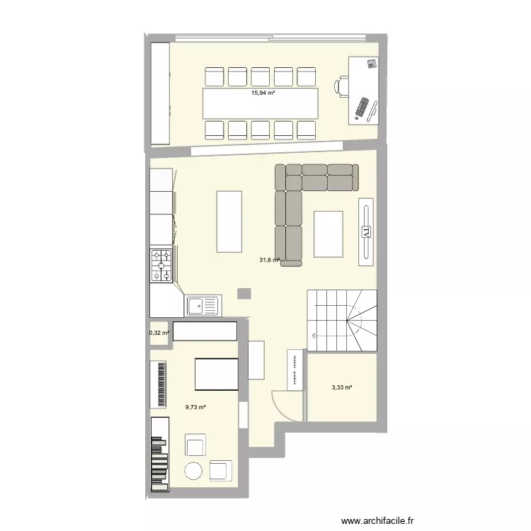 RDC avec véranda cuisine déplacée. Plan de 5 Pièces et 61 m² RDC avec véranda cuisine déplacée. Plan de 5 Pièces et 61 m²