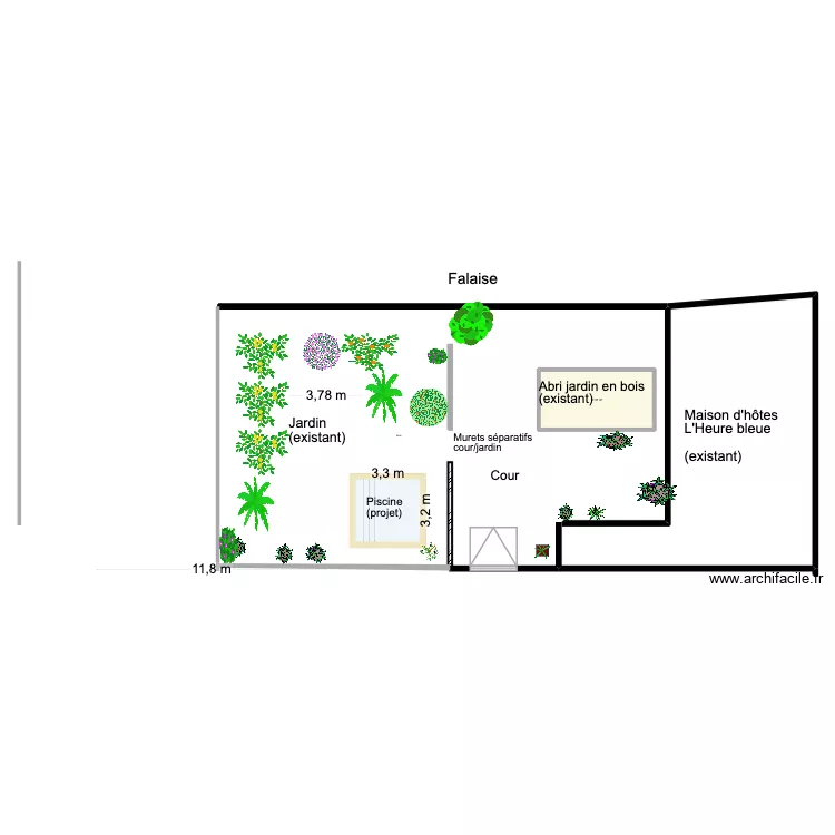 Jardin piscine arbor&eacute;. Plan de 1 Pièce et 17 m²