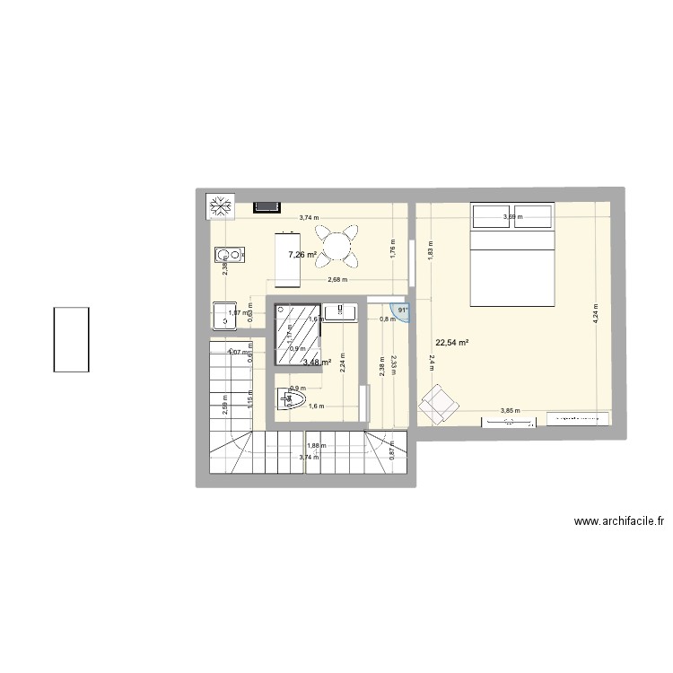 chambre du haut. Plan de 3 pièces et 33 m2