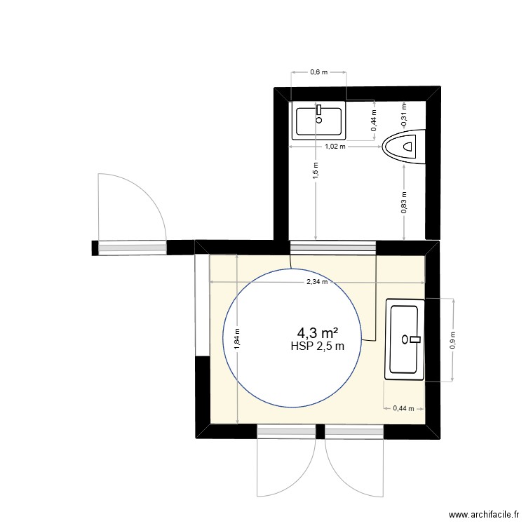 wc pmr. Plan de 1 pièce et 4 m2