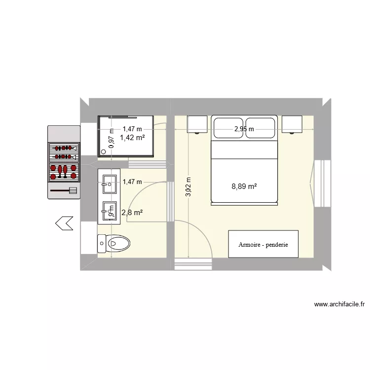 Chambre rohaire 1 bis. Plan de 3  et 13 m²