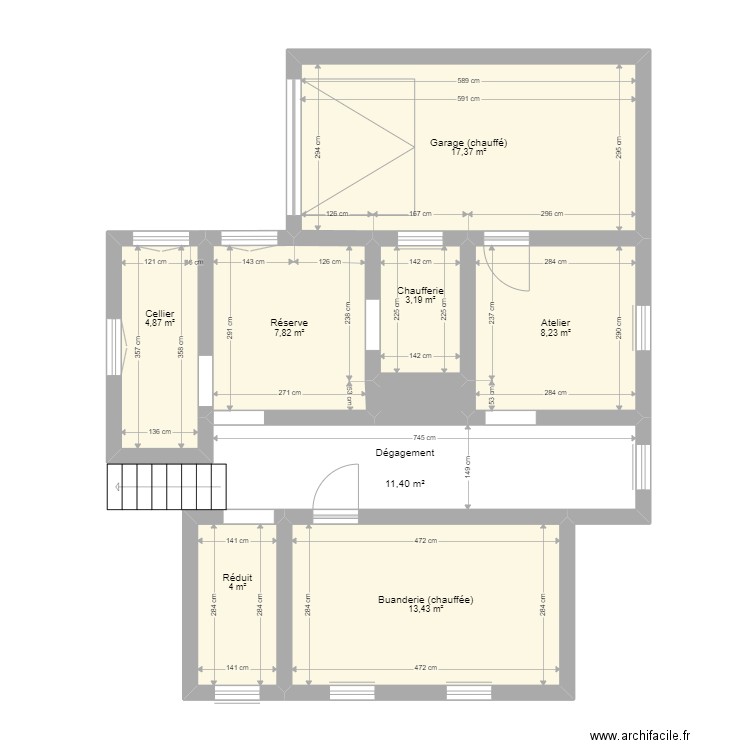 Kientzville, sous sol semi enterré. Plan de 8 pièces et 59 m2