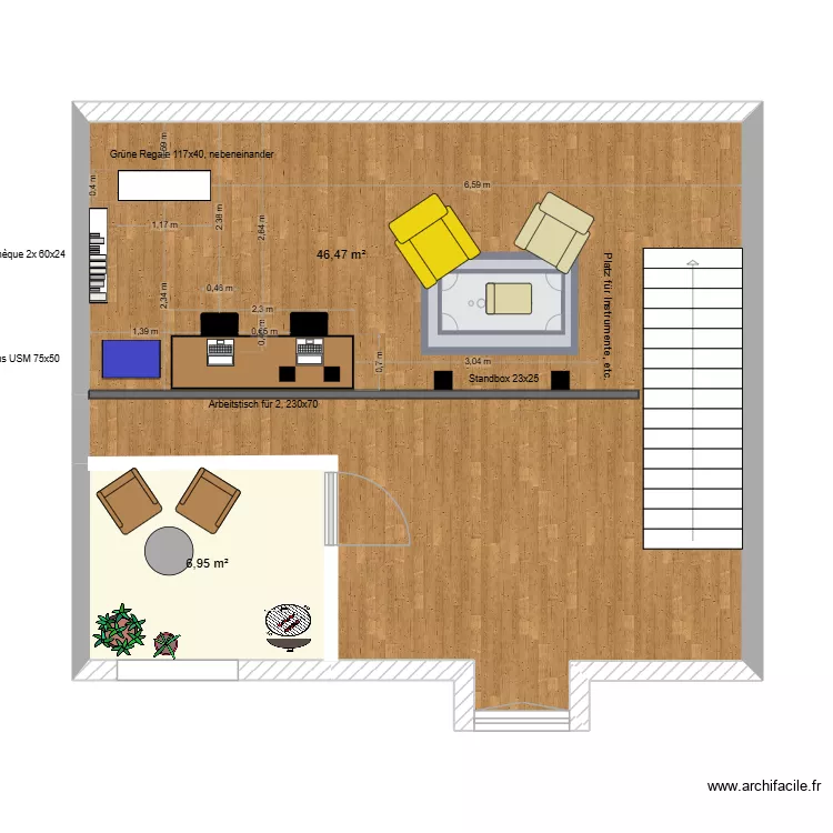 Wohnung Dana - Galerie - gemeinsamer Arbeitsplatz- Variante USM blau mit gelben Sessel. Plan de 2 Pièces et 53 m² Wohnung Dana - Galerie - gemeinsamer Arbeitsplatz- Variante USM blau mit gelben Sessel. Plan de 2 Pièces et 53 m²