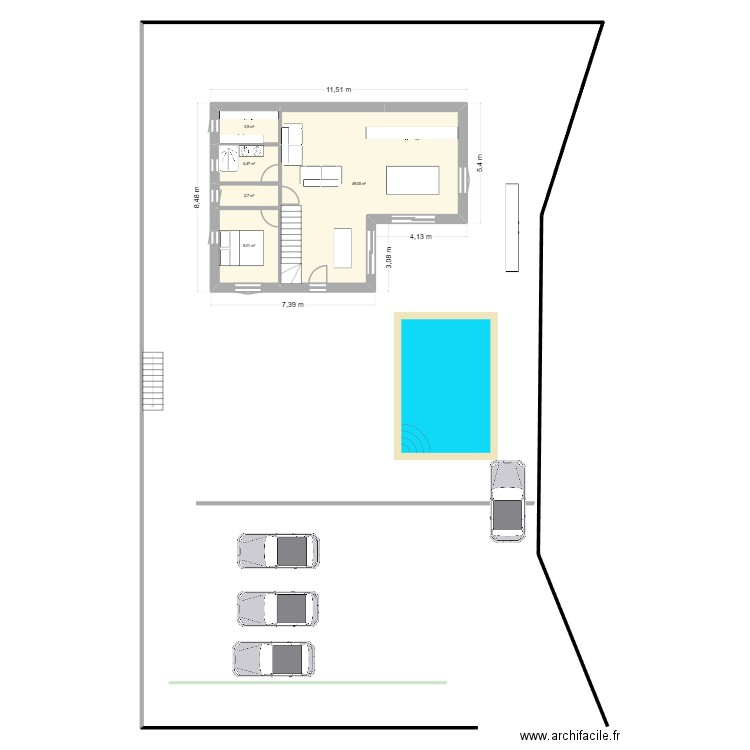 20-10 en L au fond. Plan de 5 pièces et 69 m2