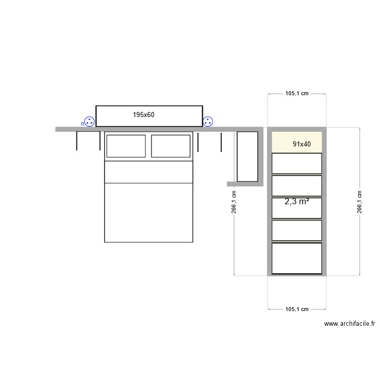 petit placard chambre. Plan de 1 pièce et 2 m2
