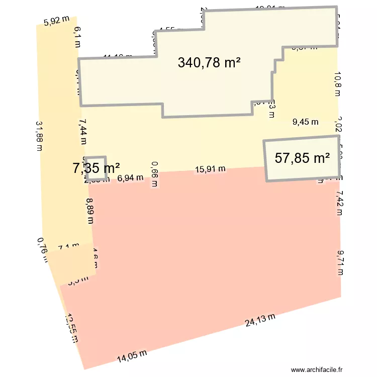 partie centrale. Plan de 3  et 406 m²