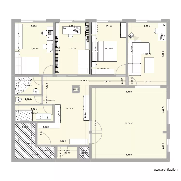 Chambord projet cuisine ouverte. Plan de 13  et 119 m²