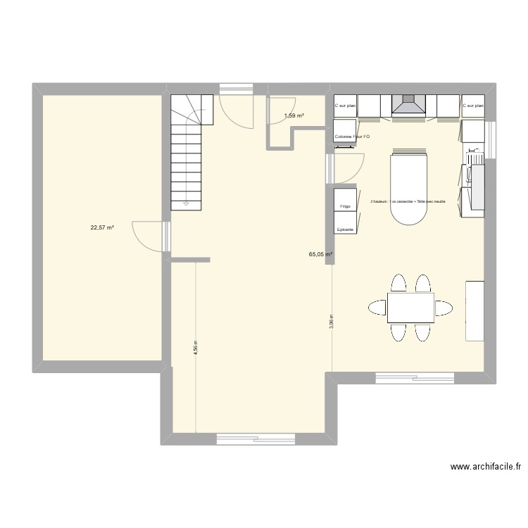 37 République cuisine bis. Plan de 3 pièces et 89 m2