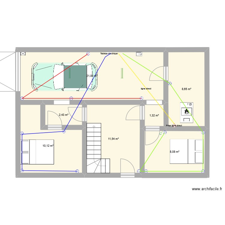 Sous sol chacha circuit prise 2. Plan de 7 pièces et 64 m2