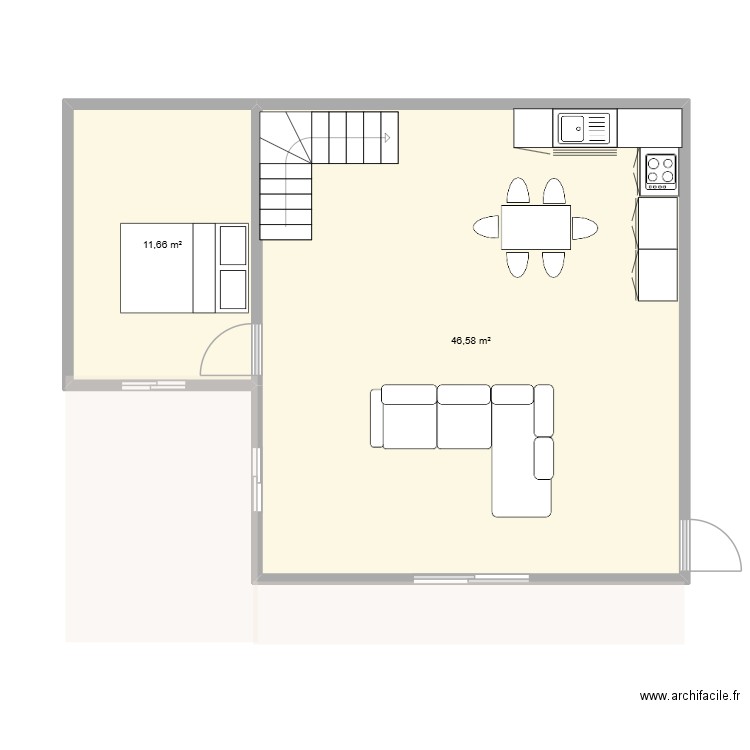 PLAN  RDC. Plan de 2 pièces et 58 m2