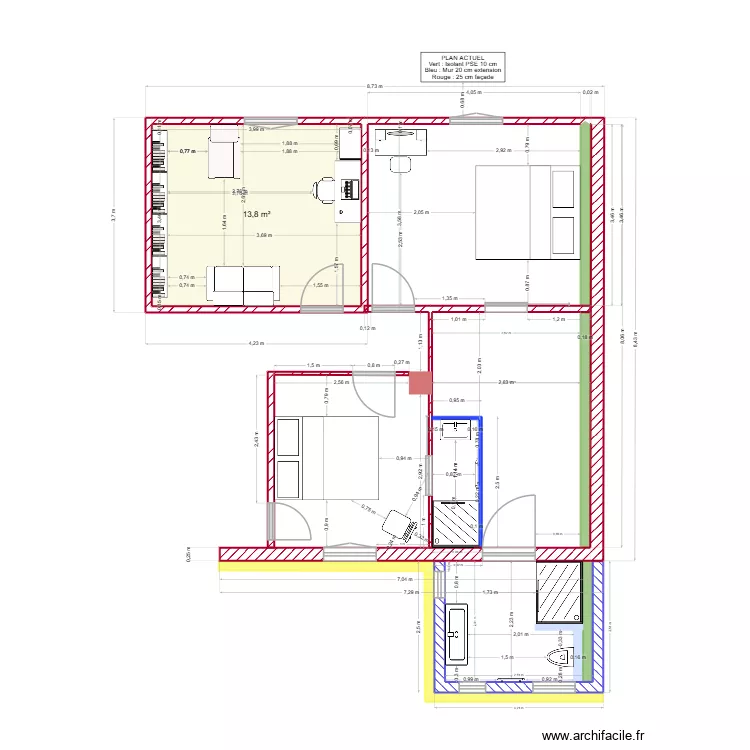 90/90 ch amis. Plan de 1  et 14 m²
