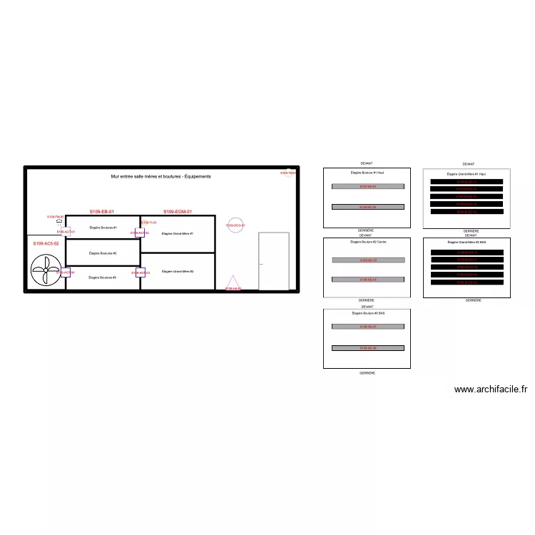 Étagère salle mères et boutures. Plan de 1 et 53 m² Étagère salle mères et boutures. Plan de 1 et 53 m²