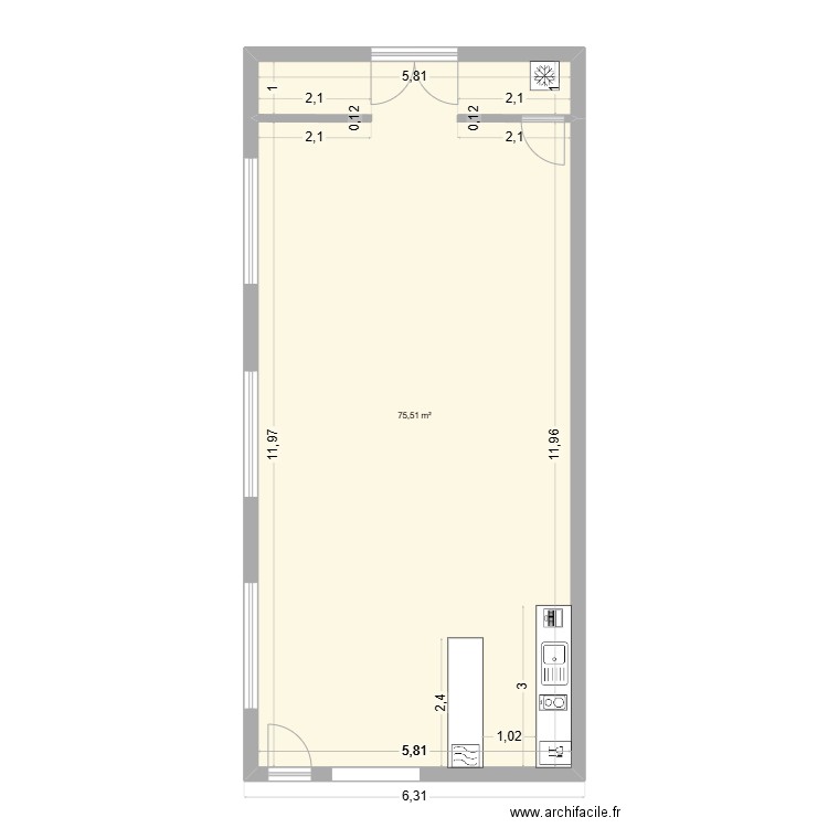 Salle annexe. Plan de 1 pièce et 76 m2