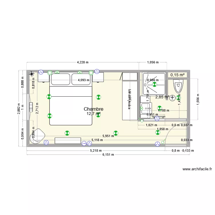 Chambre ex Flora V3. Plan de 3  et 16 m²