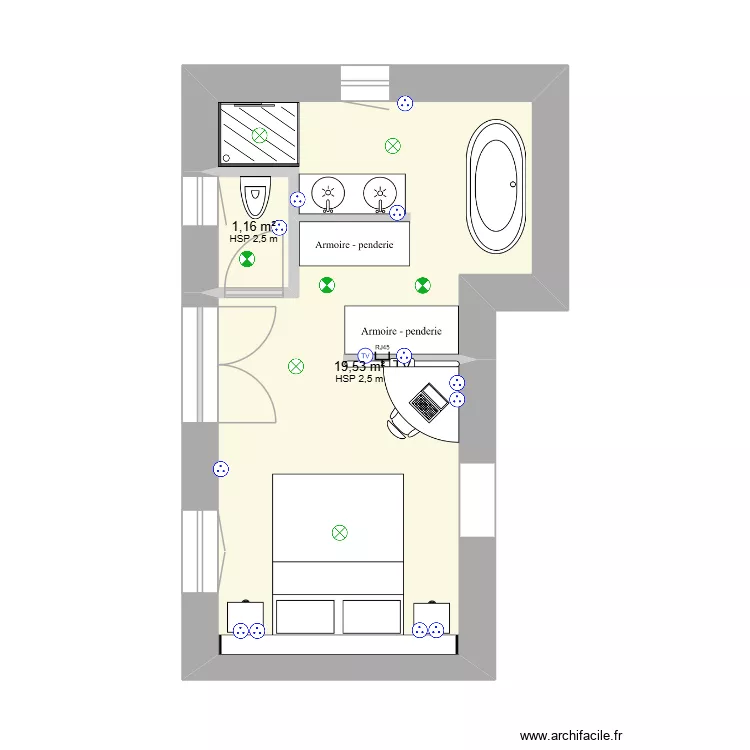 chambre en  plus. Plan de 2 pièces et 21 m²