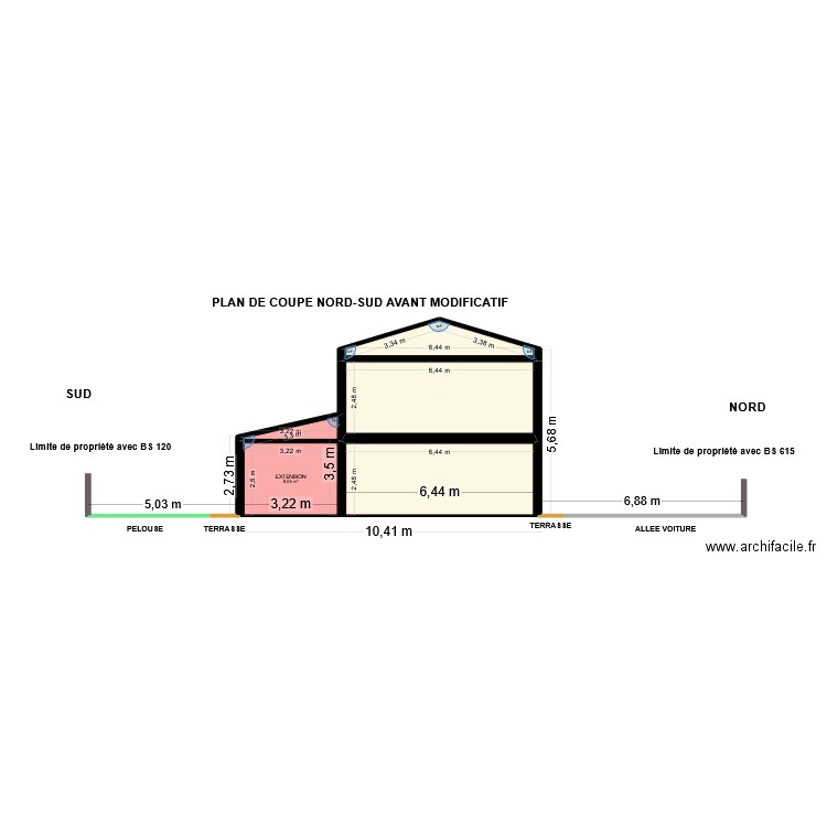 DP 3 PLAN DE COUPE NORD-SUD avant modificatif. Plan de 15 pièces et 92 m2