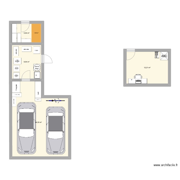 buanderie MC. Plan de 4 pièces et 61 m2