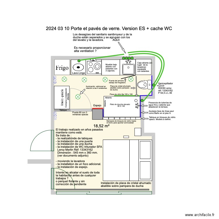 2024 03 10 avec porte et bloc de verre Version ES +Cache wc. Plan de 0 pièce et 0 m2