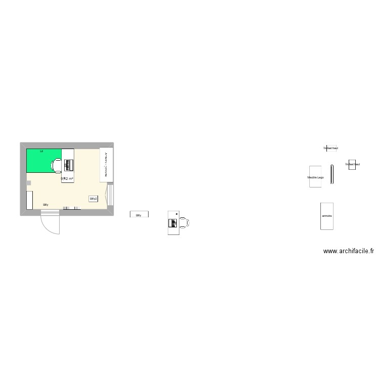 Chambre André 3. Plan de 1 pièce et 9 m2