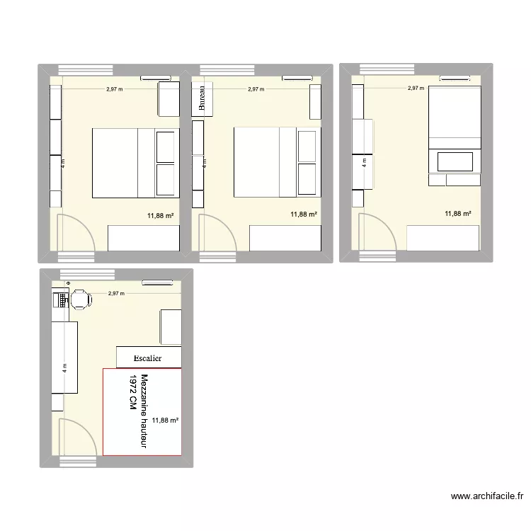 Chambre parents. Plan de 4 pièces et 48 m²