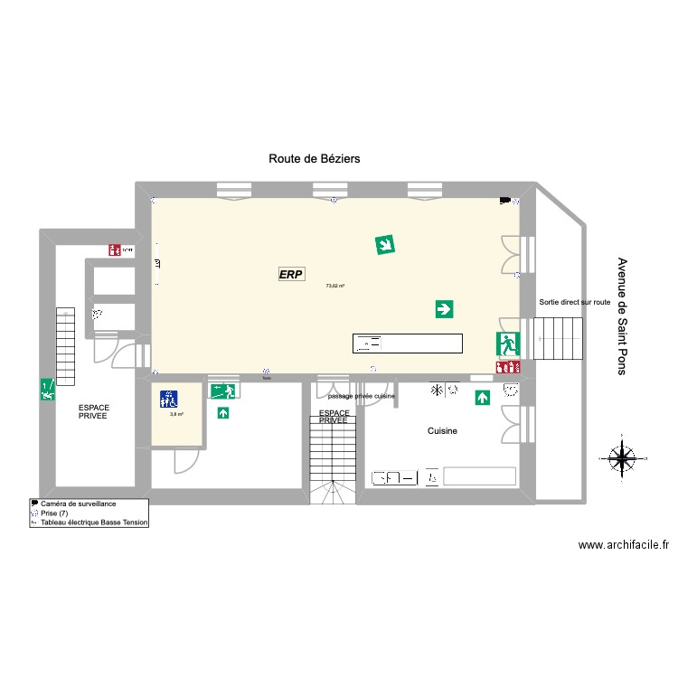 Bar RDC 1. Plan de 2 pièces et 77 m2
