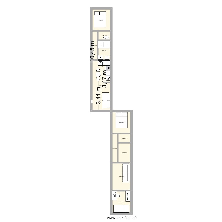 40 PIED CLASSIQUE UNE CHAMBRE. Plan de 11 pièces et 49 m2