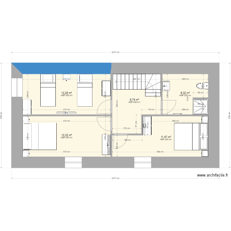 Gite N°1 étage. Plan de 5 pièces et 51 m2