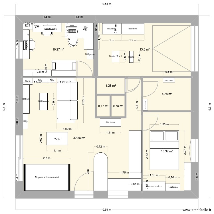 1ere etape. Plan de 8 pièces et 74 m2