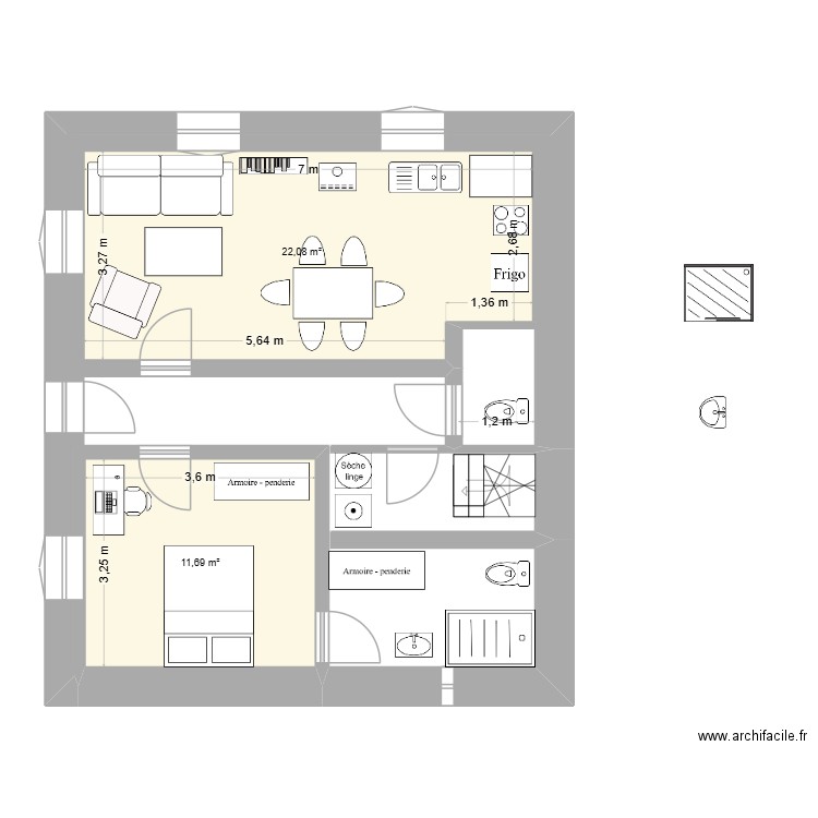 ChaletSousBassement-v5. Plan de 2 pièces et 34 m2