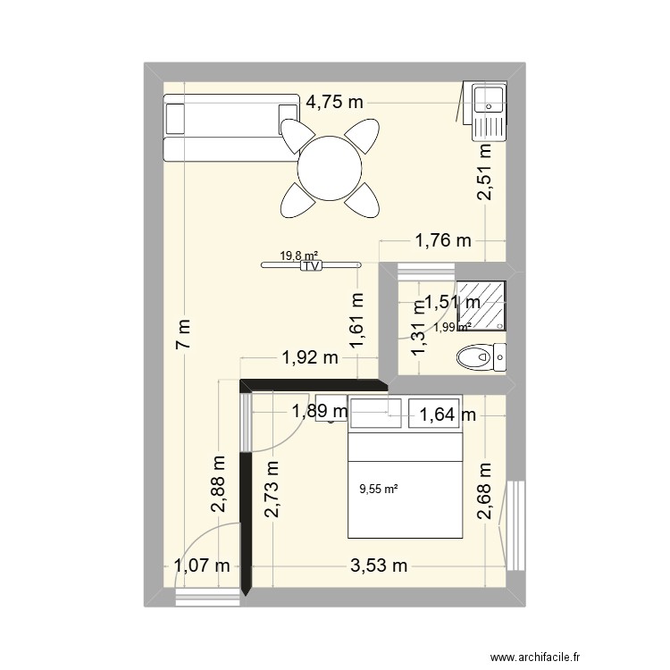 dino7. Plan de 3 pièces et 31 m2