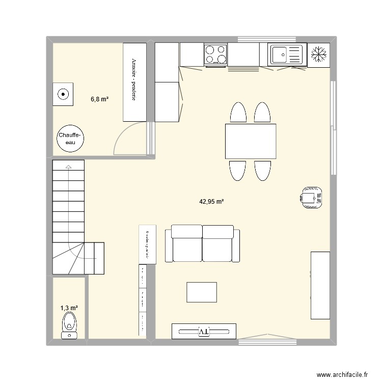 RDC. Plan de 3 pièces et 51 m2