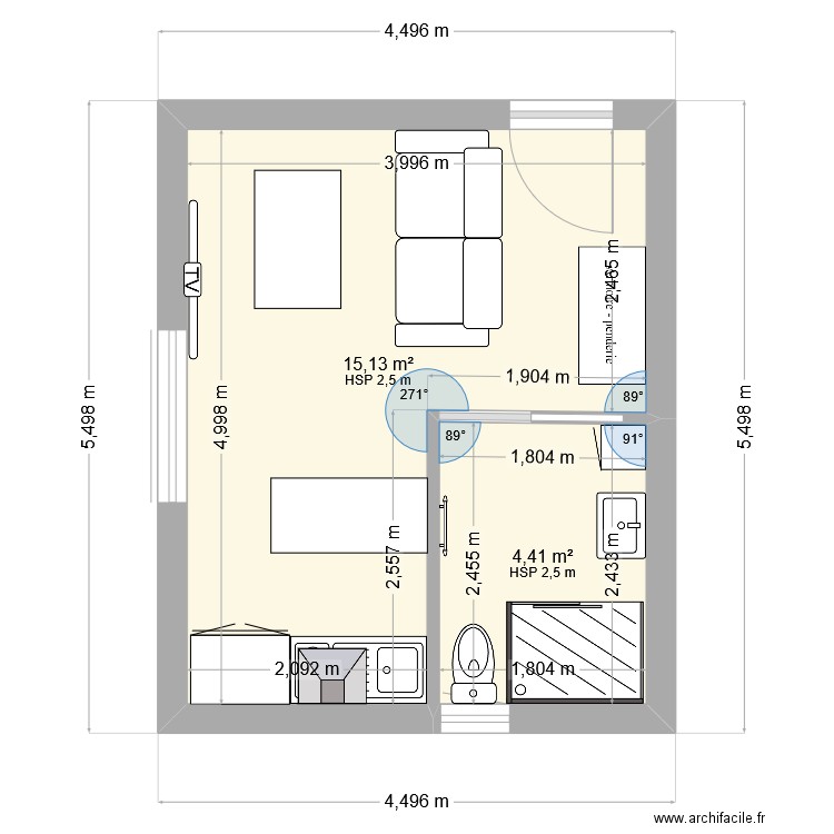 Virginie. Plan de 2 pièces et 20 m2