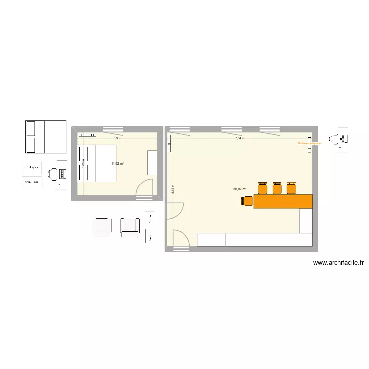 Pi&egrave;ce principale actuelle. Plan de 2  et 51 m²