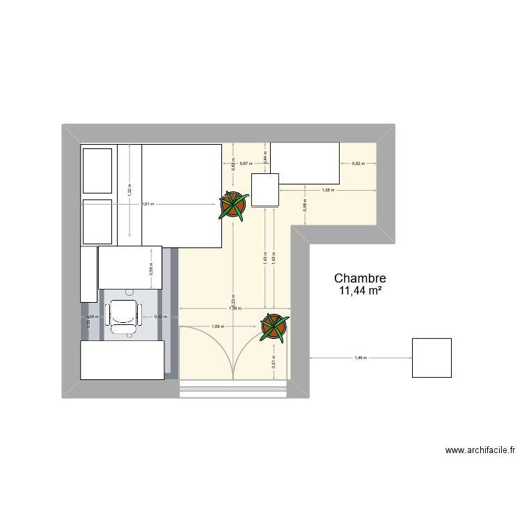 chambre donzelot. Plan de 1 pièce et 11 m2