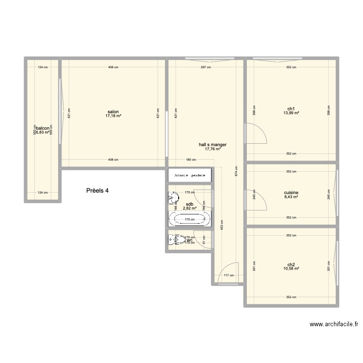 Préels 4. Plan de 9 pièces et 80 m2