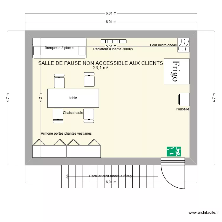 SALLE DE PAUSE. Plan de 1  et 23 m²