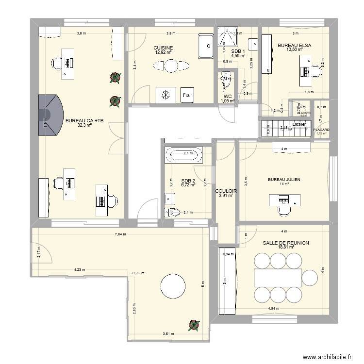 RDC +1 a. Plan de 13 pièces et 136 m2