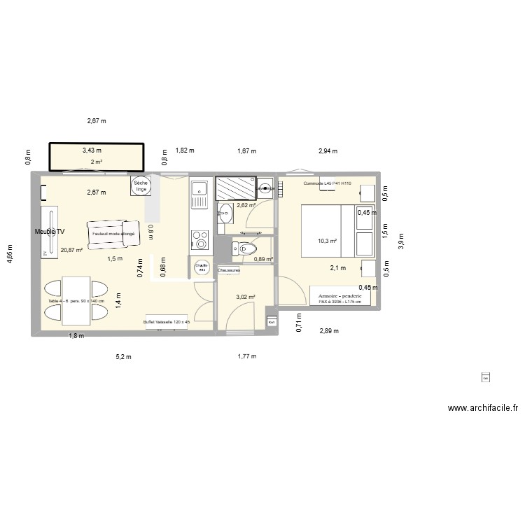 T2 Vauréal Lit tête au nord. Plan de 6 pièces et 40 m2