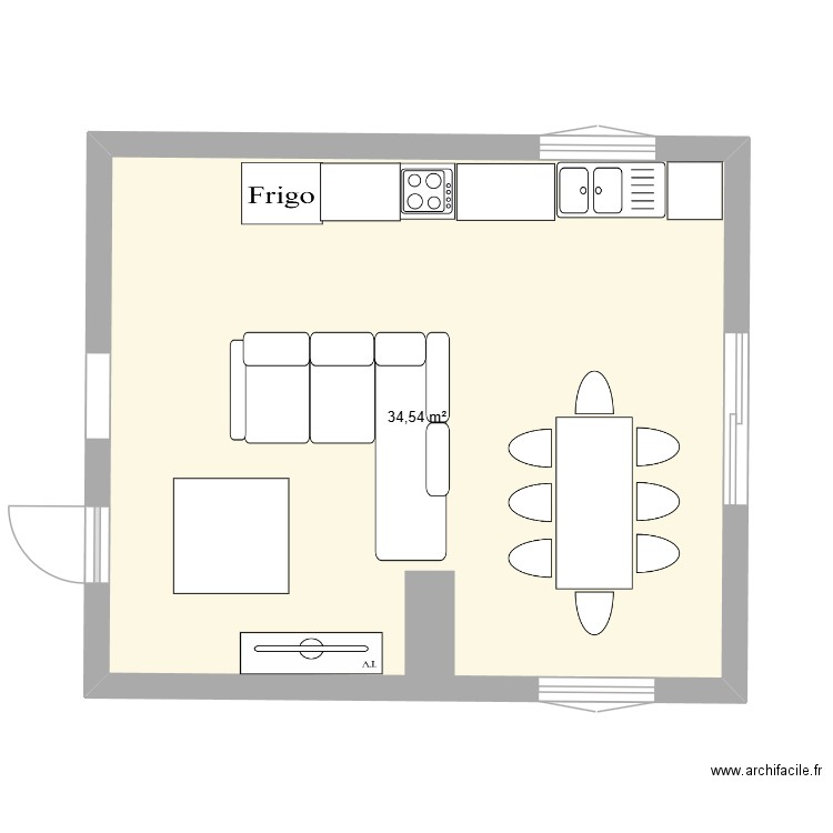 cuisine salon. Plan de 1 pièce et 35 m2